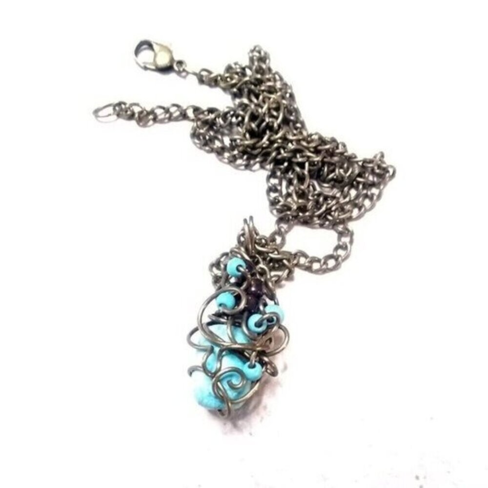 Eclectic! Turquoise Chaos Bead Pendant & Bronze Chain 22" ~ Boho Gyspy Hippie